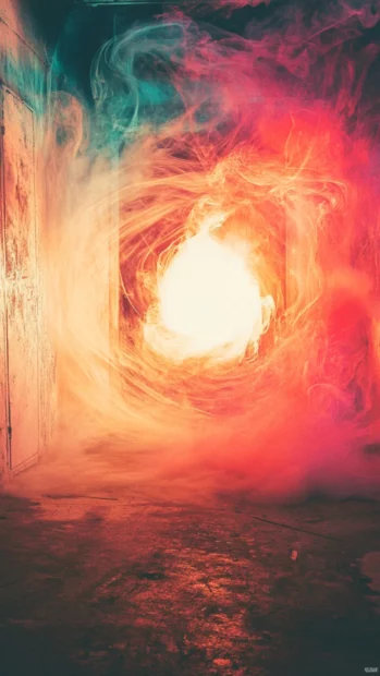 A swirl of paint and smoke trails surrounding a glowing portal in trippy aesthetic.