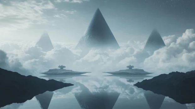 A symmetrical composition with Imperial Star Destroyers floating above a planet, sharp and majestic in ultra.