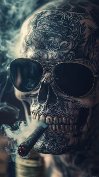 A tattooed skull with aviator sunglasses, puffing smoke, with stacks of cash in the background, creating a high stakes ambiance.