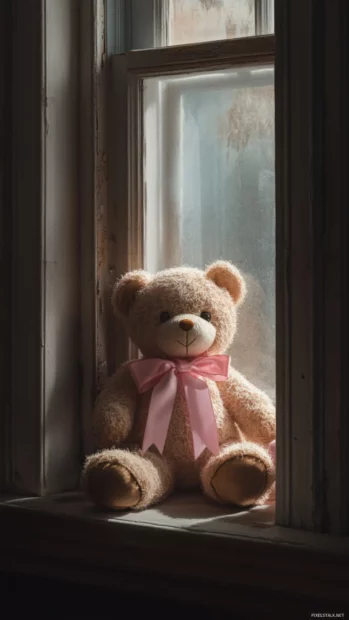 A teddy bear wrapped in pink ribbon sitting by the window.