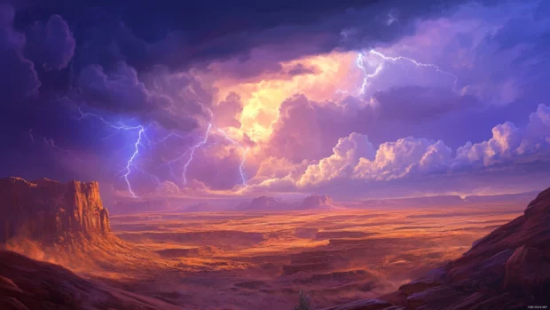 A thunderstorm brews over a remote desert plateau.