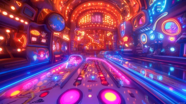 A tight indoor track inside a giant pinball machine dazzles with neon lights and bouncing shells.