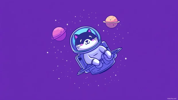 A tiny cat astronaut floating in space with a shiny spaceship and planets in the background, wearing a cute space helmet.
