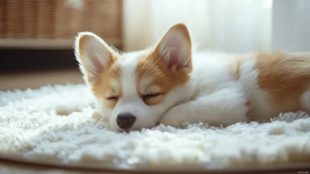 A tiny corgi puppy resting on a white rug, great for anyone searching puppy wallpaper for laptop.