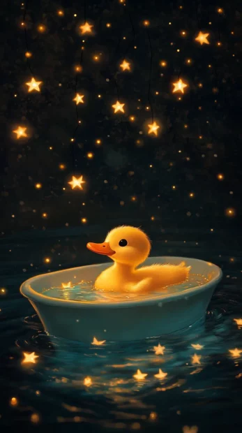 A tiny duck floats peacefully in a night lit tub with twinkling star lights.