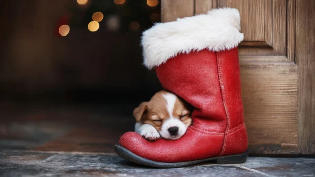 A tiny puppy curled inside a large Christmas boot beside the door.