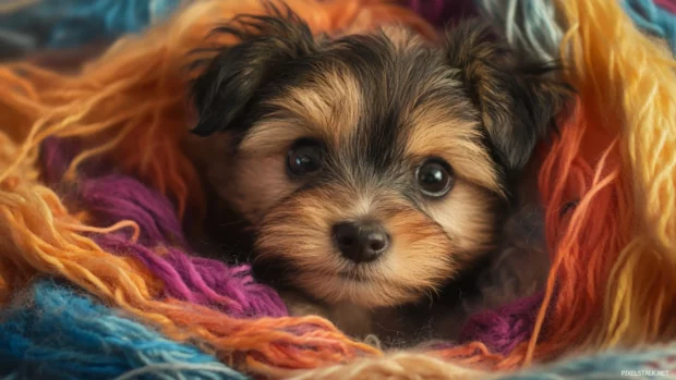 A tiny puppy tangled in yarn and looking curious.