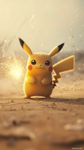 A tiny spark floats near Pikachu who stands calmly on a light tan background.