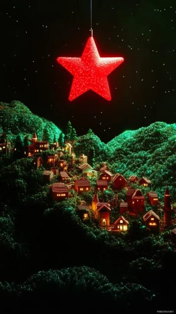 A tiny village dreaming under a vibrant red star.