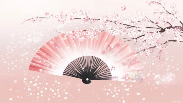 A traditional Japanese fan design with intricate floral patterns and soft pastel colors.