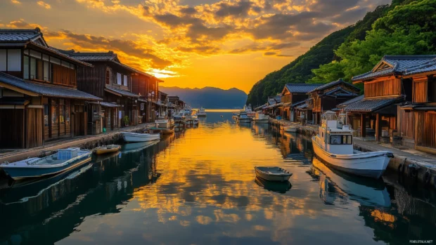 A traditional Japanese fishing village at sunrise, with boats floating on the calm waters and a distant view of the mountains.