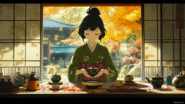 A traditional Japanese tea ceremony in a beautifully decorated room, with an anime character gracefully serving tea, anime style.