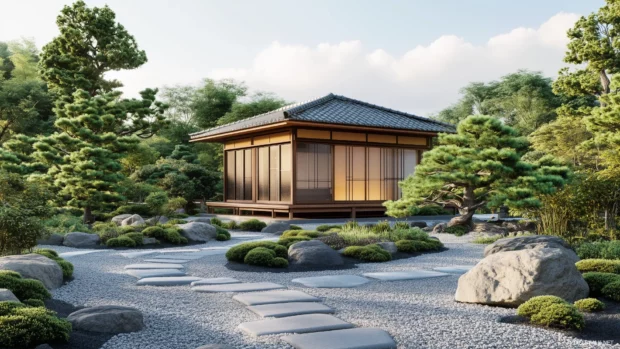 A traditional Japanese tea house surrounded by a lush garden with bonsai trees and stone paths.