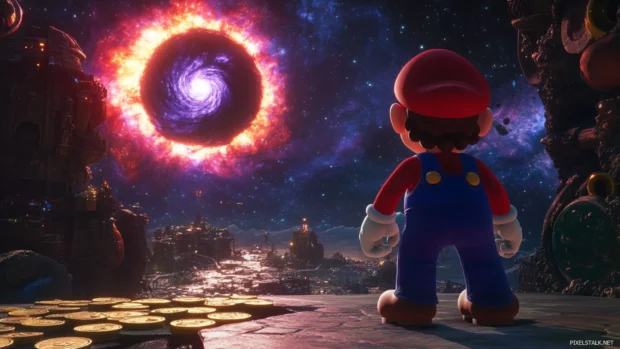 A trail of cosmic coins leads Mario toward a spinning black hole at the galaxys edge.