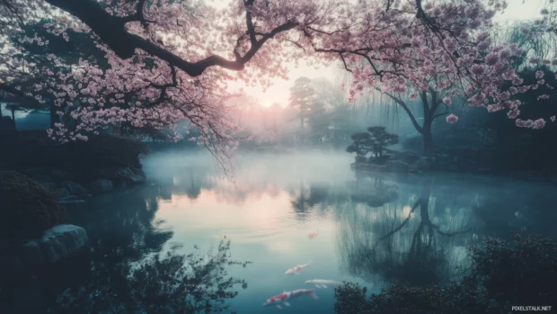 A tranquil Japanese garden with a pond surrounded by cherry blossoms, soft mist, and peaceful koi swimming.