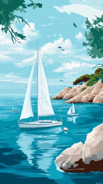 A tranquil Summer scene with sailboats floating on a turquoise sea.