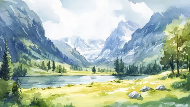 A tranquil alpine valley nestled between watercolor mountains.