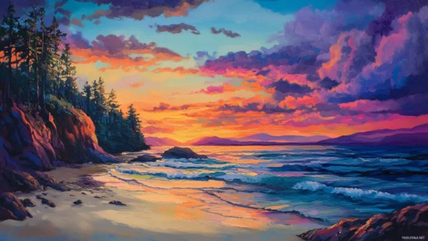 A tranquil beach scene at sunset, the sky a canvas of vibrant colors.