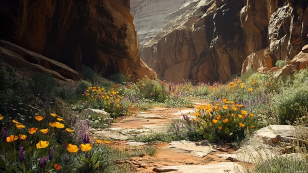 A tranquil canyon floor blooms with desert succulents.