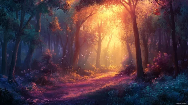 A tranquil forest scene at dusk, sunlight filtering through the trees as the sun sets.