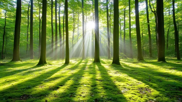 A tranquil forest scene with sunlight streaming through tall trees, casting dappled shadows on a mossy ground.