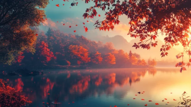 A tranquil lake reflecting the colors of a 4K sunset wallpaper, surrounded by autumn trees.