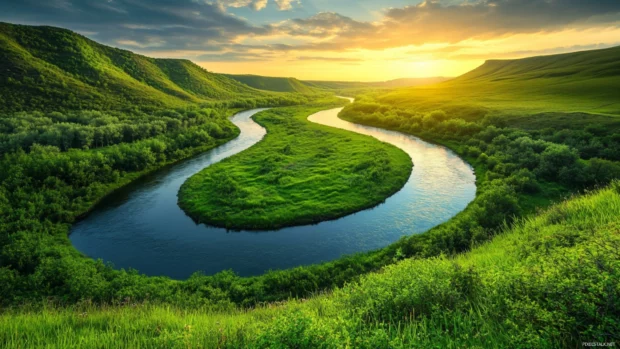 A tranquil river winding through a green valley, suitable for Windows 10 desktop background.