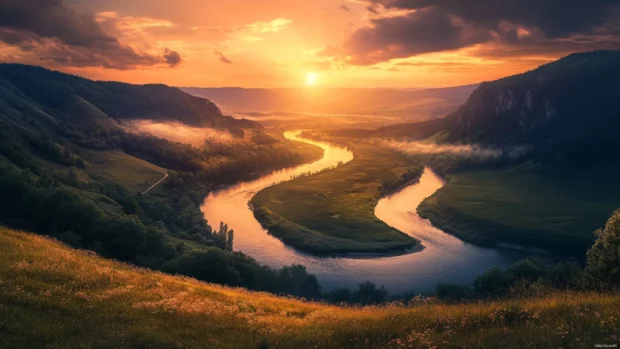 A tranquil river winding through a valley, the sunset casting a warm glow over the landscape.