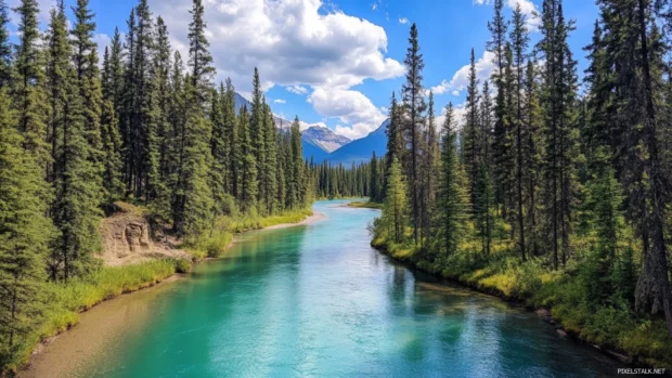 A tranquil river winding through pretty forest trails.