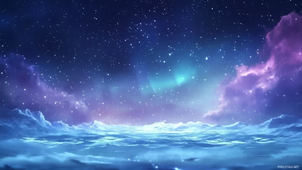 A tranquil starry night with sparkling silver stars scattered across the sky, faint auroras dancing in the background, creating a magical and peaceful scene.