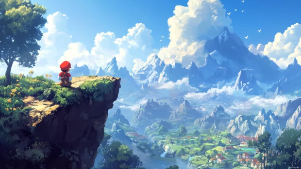 A tranquil view of the Mushroom Kingdom stretches behind Mario as he overlooks from a cliff.