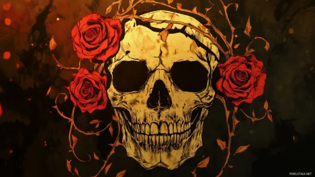 A tribal inspired skull with stylized roses and thorny vines wrapping around, framed by glowing highlights and dark shadows.