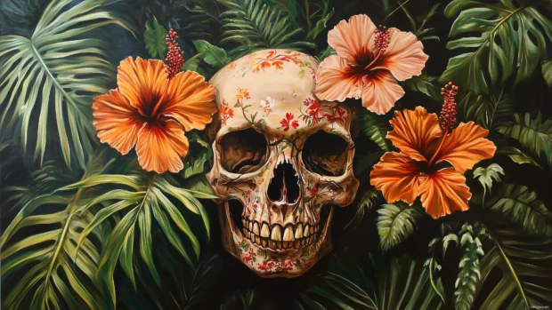 A tribal style skull adorned with hibiscus flowers and tropical foliage, capturing a vivid, colorful aesthetic.