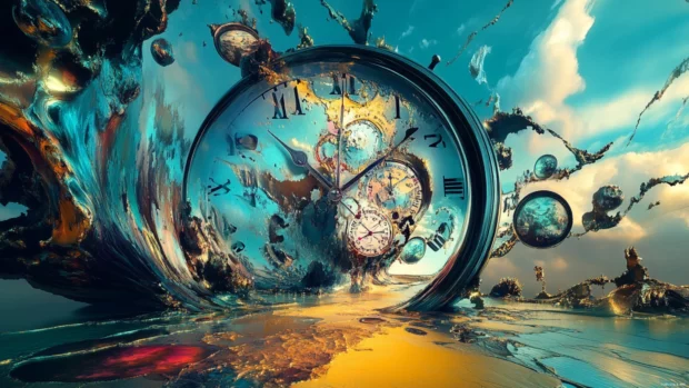 A trippy computer background, melting clocks and distorted realities, Salvador Dali inspired, 4K rendering.