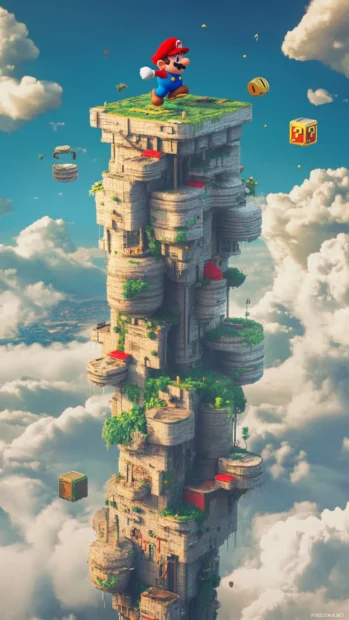 A trippy vertical cartoon scene of Mario navigating a tall tower with spinning platforms.