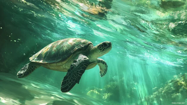 A turtle gliding calmly through a clear ocean stream.