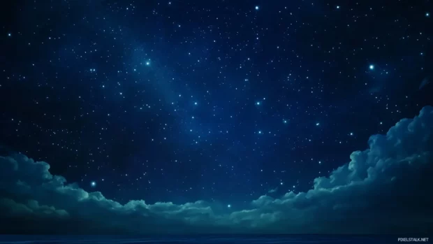 A vast, deep navy sky filled with countless glowing stars, with a prominent Milky Way stretching across the horizon, casting a soft light over a serene landscape.