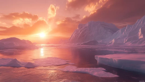 A vast glacier glows under a bright arctic sunrise.