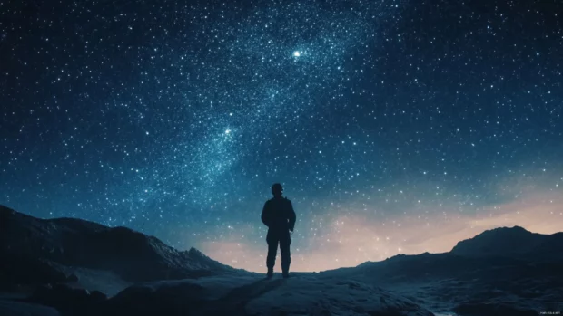 A vast starlit backdrop surrounds the astronaut in a state of wonder.