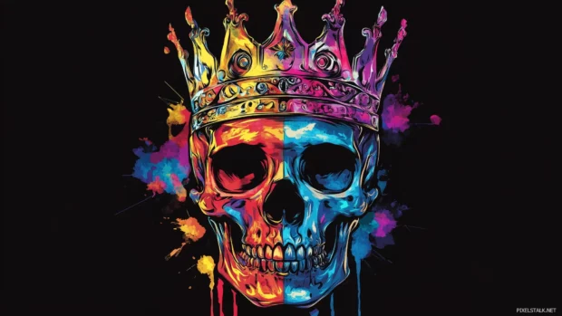 A vector design for a t shirt, featuring a skull with a colorful, detailed, and intricate crown illustration.