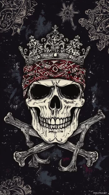 A vector style skull in a bandana and a crown, with crossbones in the background and intricate tribal designs surrounding it.