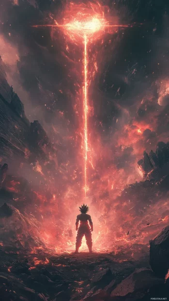 A vertical Goku super saiyan wallpaper showing him standing in a crater with energy flaring from his body.