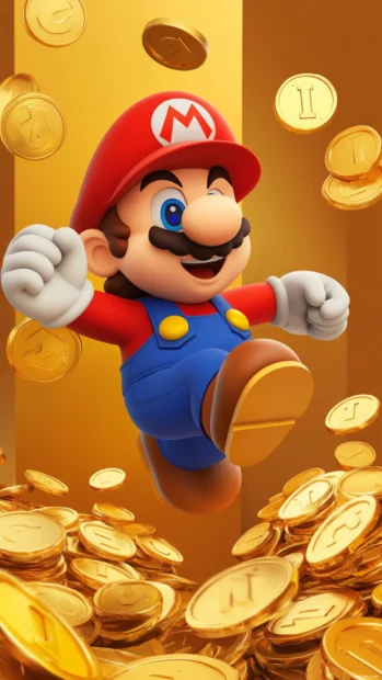 A vertical cartoon scene with Mario jumping through gold coins, great for Super Mario iPhone Wallpapers.