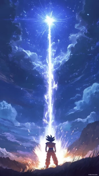 A vertical frame shows Goku descending from the sky like a silent comet of white light.