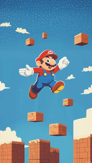 A vertical landscape shows Super Mario hopping up through floating brick platforms.