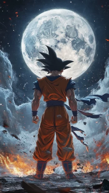 A vertical shot of Goku standing beneath a full moon with wind swirling around.