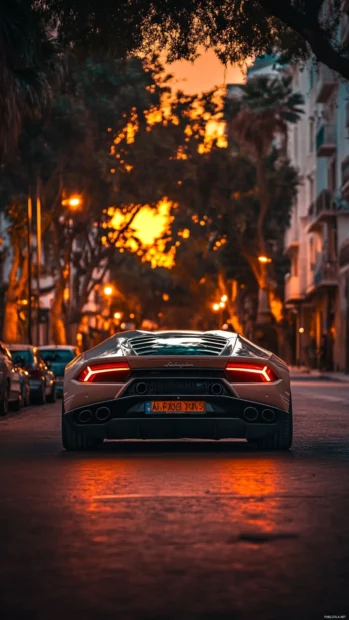 A vertical shot of Lamborghini resting under warm golden hour streetlight.