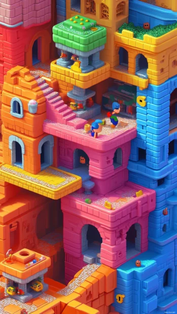 A vertical view of Super Mario navigating a multi level tower with hidden doors and puzzles.
