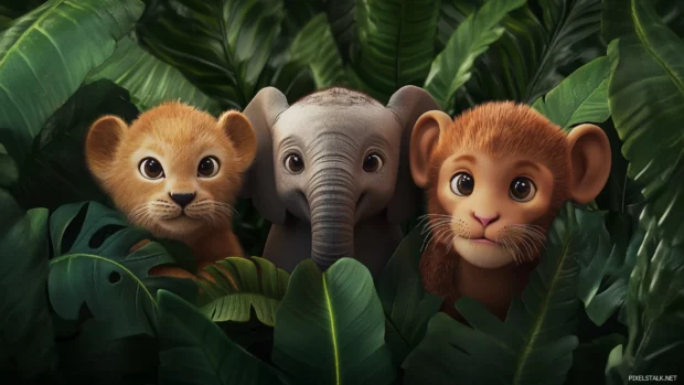 A vibrant 3D jungle scene with cute animals like lions, monkeys, and elephants peeking through lush greenery, giving a playful safari adventure look4.