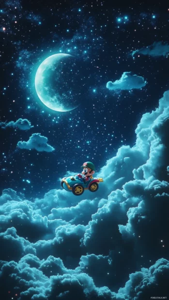 A vibrant Mario Kart Wallpaper for mobile with Rosalina gliding across moonlit clouds.